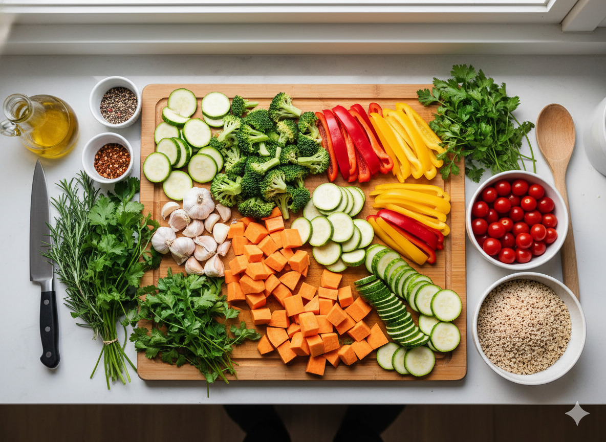 Fresh vegetables and herbs arranged for meal prep