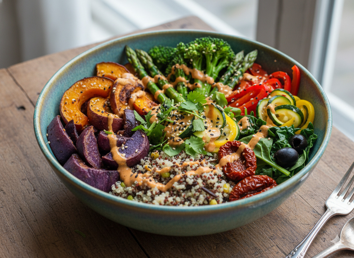 Colorful plant-based bowl with grains and vegetables
